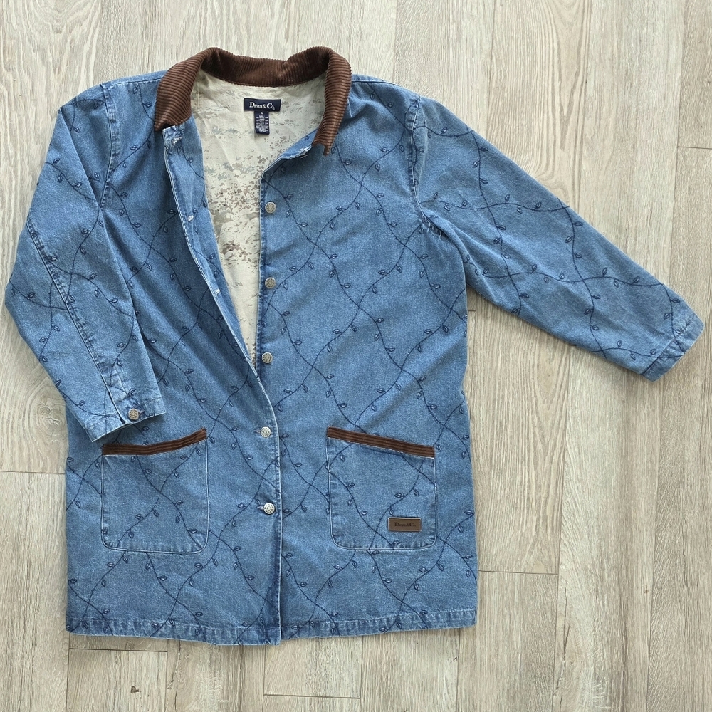 Denim&Co Blue Denim Barn Jacket Coat Embroidered with Cordoroy Brown Accents